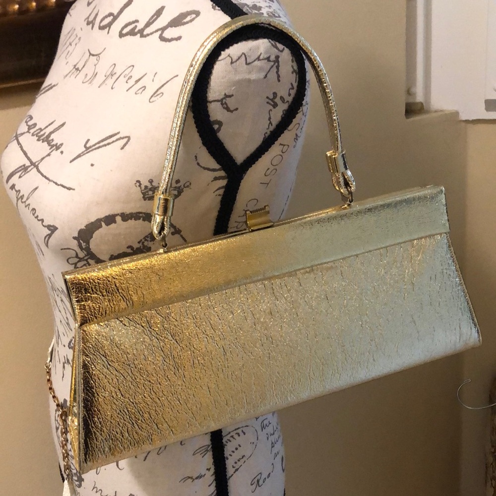 🌟3-piece Gold lame bag + mesh coin purse, gold harlequin wallet & mirror set